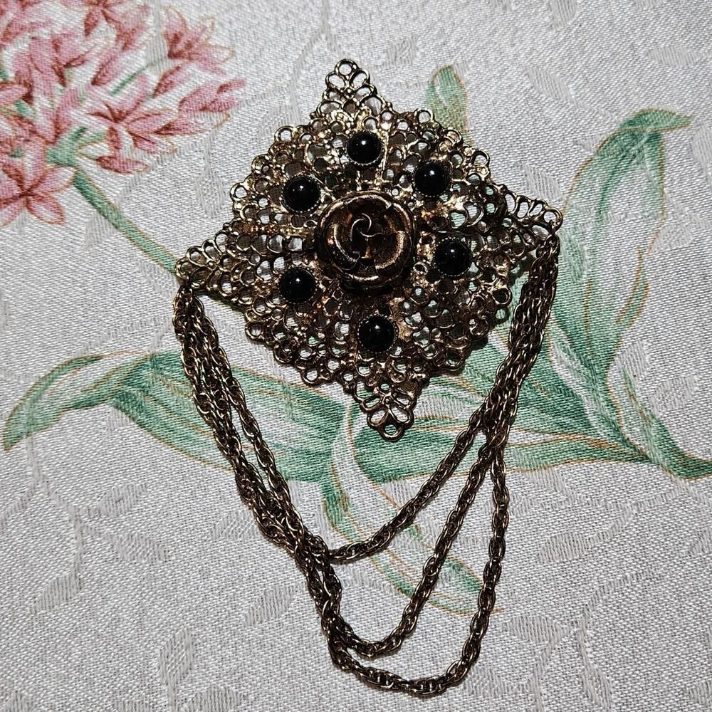 vintage whimsigoth witchy gold tone black chandelier large brooch